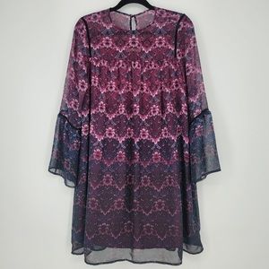 Nanette Lepore Printed Bell Sleeve Boho Dress Sz 6